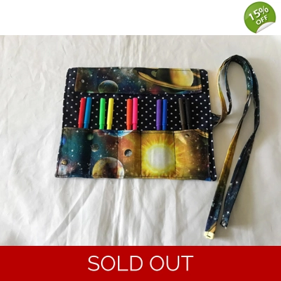 Back to school pencil case for kids, space fabric pencil roll, cotton fabric stationary pouch, handm